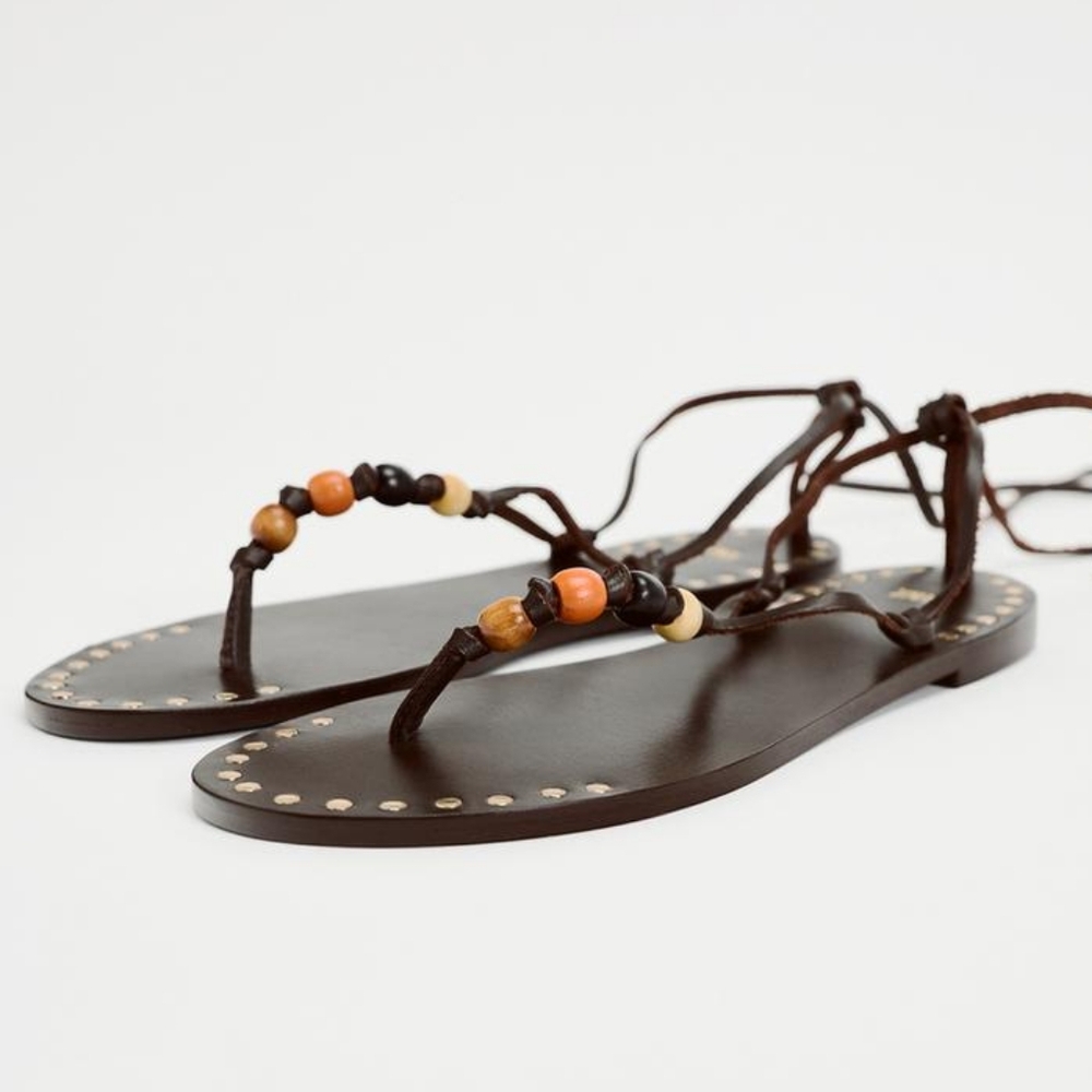 Zara | NWOT Lace-Up Leather Sandals With Beads